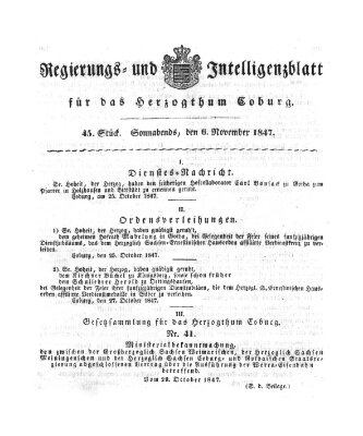 Regierungs- und Intelligenzblatt für das Herzogtum Coburg (Coburger Regierungs-Blatt) Samstag 6. November 1847