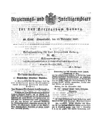 Regierungs- und Intelligenzblatt für das Herzogtum Coburg (Coburger Regierungs-Blatt) Samstag 13. November 1847