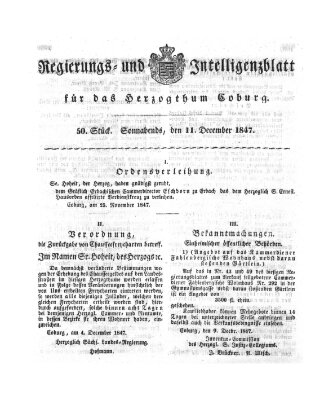 Regierungs- und Intelligenzblatt für das Herzogtum Coburg (Coburger Regierungs-Blatt) Samstag 11. Dezember 1847