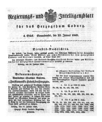 Regierungs- und Intelligenzblatt für das Herzogtum Coburg (Coburger Regierungs-Blatt) Samstag 22. Januar 1848