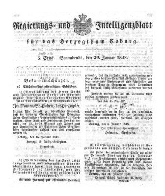 Regierungs- und Intelligenzblatt für das Herzogtum Coburg (Coburger Regierungs-Blatt) Samstag 29. Januar 1848