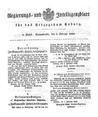 Regierungs- und Intelligenzblatt für das Herzogtum Coburg (Coburger Regierungs-Blatt) Samstag 5. Februar 1848