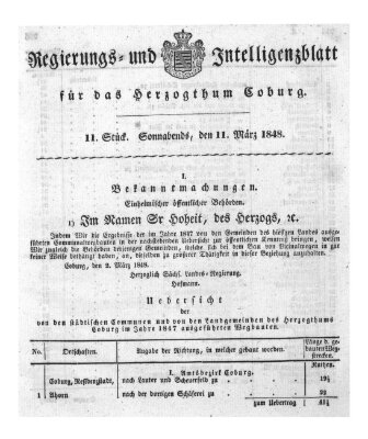 Regierungs- und Intelligenzblatt für das Herzogtum Coburg (Coburger Regierungs-Blatt) Samstag 11. März 1848