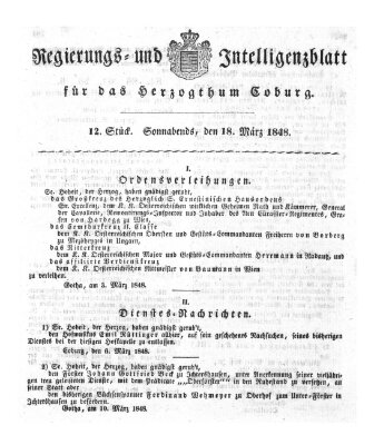 Regierungs- und Intelligenzblatt für das Herzogtum Coburg (Coburger Regierungs-Blatt) Samstag 18. März 1848