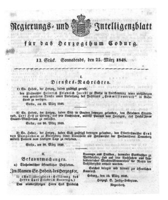 Regierungs- und Intelligenzblatt für das Herzogtum Coburg (Coburger Regierungs-Blatt) Samstag 25. März 1848