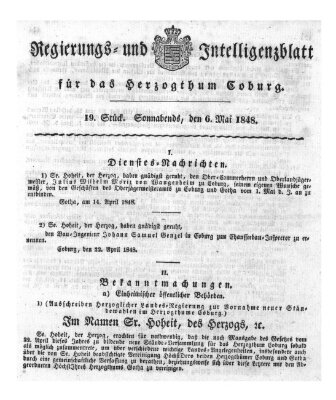 Regierungs- und Intelligenzblatt für das Herzogtum Coburg (Coburger Regierungs-Blatt) Samstag 6. Mai 1848