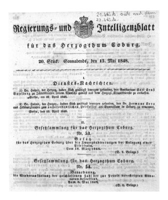 Regierungs- und Intelligenzblatt für das Herzogtum Coburg (Coburger Regierungs-Blatt) Samstag 13. Mai 1848