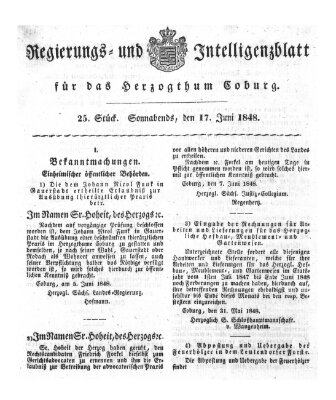 Regierungs- und Intelligenzblatt für das Herzogtum Coburg (Coburger Regierungs-Blatt) Samstag 17. Juni 1848