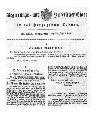 Regierungs- und Intelligenzblatt für das Herzogtum Coburg (Coburger Regierungs-Blatt) Samstag 22. Juli 1848