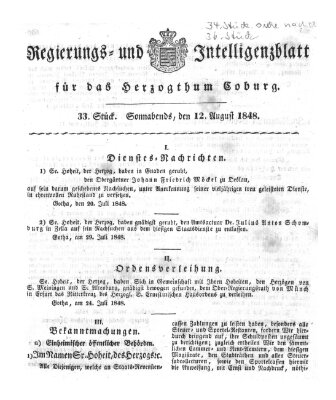 Regierungs- und Intelligenzblatt für das Herzogtum Coburg (Coburger Regierungs-Blatt) Samstag 12. August 1848