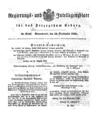 Regierungs- und Intelligenzblatt für das Herzogtum Coburg (Coburger Regierungs-Blatt) Samstag 16. September 1848