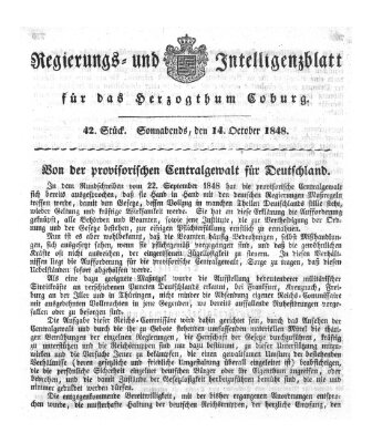 Regierungs- und Intelligenzblatt für das Herzogtum Coburg (Coburger Regierungs-Blatt) Samstag 14. Oktober 1848