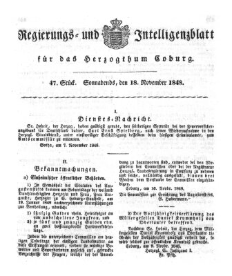 Regierungs- und Intelligenzblatt für das Herzogtum Coburg (Coburger Regierungs-Blatt) Samstag 18. November 1848