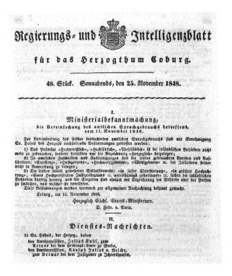 Regierungs- und Intelligenzblatt für das Herzogtum Coburg (Coburger Regierungs-Blatt) Samstag 25. November 1848