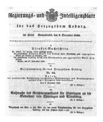 Regierungs- und Intelligenzblatt für das Herzogtum Coburg (Coburger Regierungs-Blatt) Samstag 9. Dezember 1848