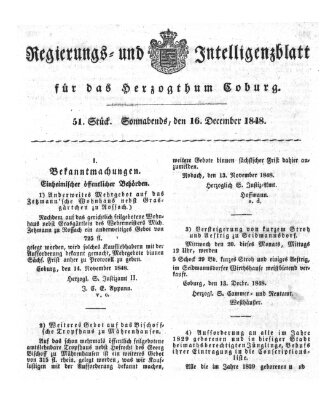 Regierungs- und Intelligenzblatt für das Herzogtum Coburg (Coburger Regierungs-Blatt) Samstag 16. Dezember 1848