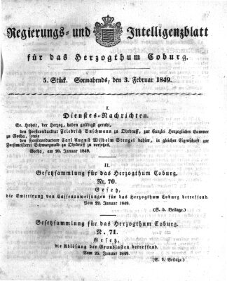 Regierungs- und Intelligenzblatt für das Herzogtum Coburg (Coburger Regierungs-Blatt) Samstag 3. Februar 1849