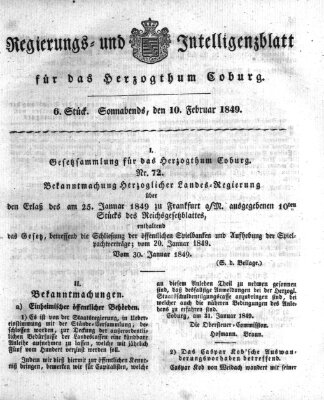 Regierungs- und Intelligenzblatt für das Herzogtum Coburg (Coburger Regierungs-Blatt) Samstag 10. Februar 1849