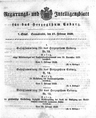 Regierungs- und Intelligenzblatt für das Herzogtum Coburg (Coburger Regierungs-Blatt) Samstag 17. Februar 1849