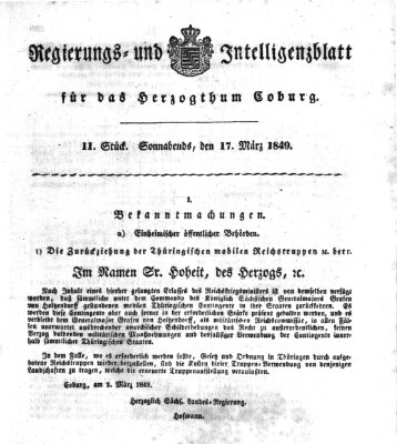 Regierungs- und Intelligenzblatt für das Herzogtum Coburg (Coburger Regierungs-Blatt) Samstag 17. März 1849