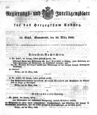 Regierungs- und Intelligenzblatt für das Herzogtum Coburg (Coburger Regierungs-Blatt) Samstag 24. März 1849