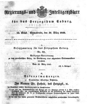 Regierungs- und Intelligenzblatt für das Herzogtum Coburg (Coburger Regierungs-Blatt) Samstag 31. März 1849