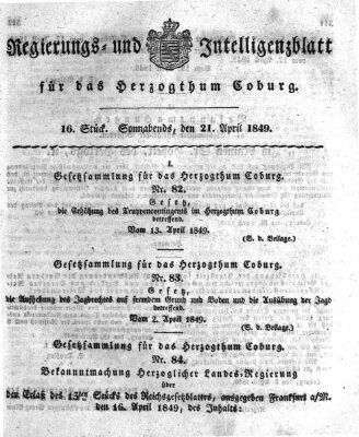 Regierungs- und Intelligenzblatt für das Herzogtum Coburg (Coburger Regierungs-Blatt) Samstag 21. April 1849