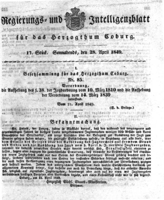 Regierungs- und Intelligenzblatt für das Herzogtum Coburg (Coburger Regierungs-Blatt) Samstag 28. April 1849