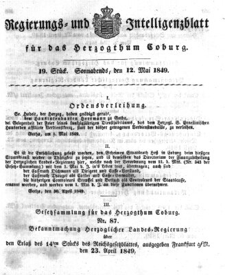 Regierungs- und Intelligenzblatt für das Herzogtum Coburg (Coburger Regierungs-Blatt) Samstag 12. Mai 1849