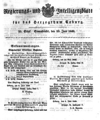 Regierungs- und Intelligenzblatt für das Herzogtum Coburg (Coburger Regierungs-Blatt) Samstag 23. Juni 1849