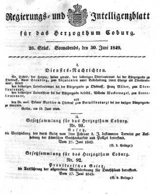 Regierungs- und Intelligenzblatt für das Herzogtum Coburg (Coburger Regierungs-Blatt) Samstag 30. Juni 1849