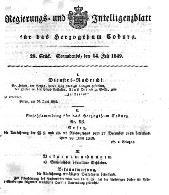 Regierungs- und Intelligenzblatt für das Herzogtum Coburg (Coburger Regierungs-Blatt) Samstag 14. Juli 1849