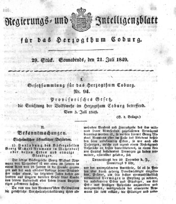 Regierungs- und Intelligenzblatt für das Herzogtum Coburg (Coburger Regierungs-Blatt) Samstag 21. Juli 1849