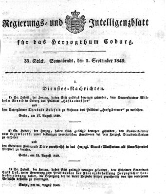 Regierungs- und Intelligenzblatt für das Herzogtum Coburg (Coburger Regierungs-Blatt) Samstag 1. September 1849