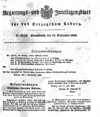 Regierungs- und Intelligenzblatt für das Herzogtum Coburg (Coburger Regierungs-Blatt) Samstag 15. September 1849