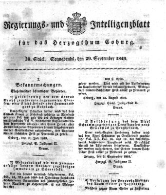 Regierungs- und Intelligenzblatt für das Herzogtum Coburg (Coburger Regierungs-Blatt) Samstag 29. September 1849