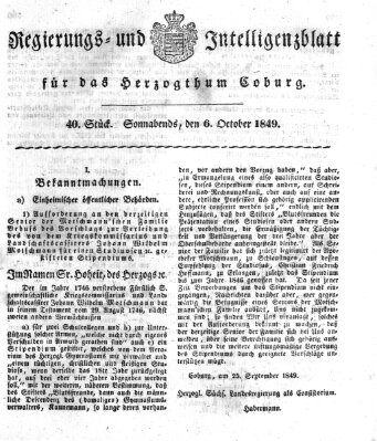 Regierungs- und Intelligenzblatt für das Herzogtum Coburg (Coburger Regierungs-Blatt) Samstag 6. Oktober 1849