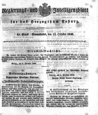 Regierungs- und Intelligenzblatt für das Herzogtum Coburg (Coburger Regierungs-Blatt) Samstag 13. Oktober 1849