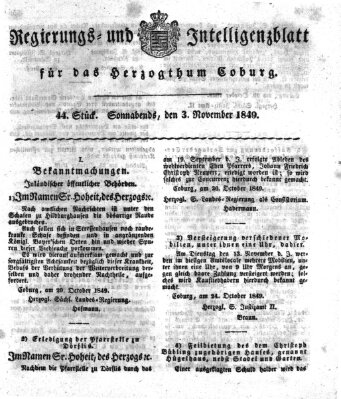 Regierungs- und Intelligenzblatt für das Herzogtum Coburg (Coburger Regierungs-Blatt) Samstag 3. November 1849