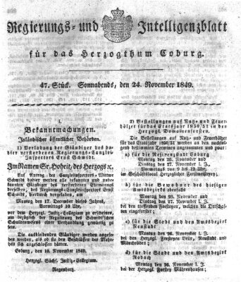 Regierungs- und Intelligenzblatt für das Herzogtum Coburg (Coburger Regierungs-Blatt) Samstag 24. November 1849