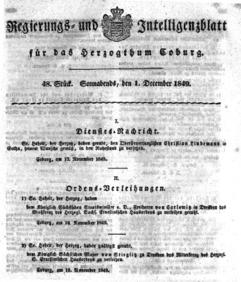 Regierungs- und Intelligenzblatt für das Herzogtum Coburg (Coburger Regierungs-Blatt) Samstag 1. Dezember 1849