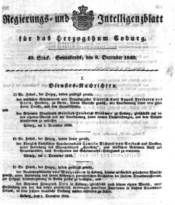 Regierungs- und Intelligenzblatt für das Herzogtum Coburg (Coburger Regierungs-Blatt) Samstag 8. Dezember 1849