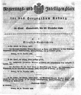 Regierungs- und Intelligenzblatt für das Herzogtum Coburg (Coburger Regierungs-Blatt) Samstag 29. Dezember 1849