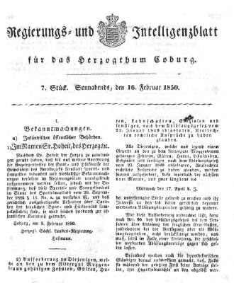 Regierungs- und Intelligenzblatt für das Herzogtum Coburg (Coburger Regierungs-Blatt) Samstag 16. Februar 1850