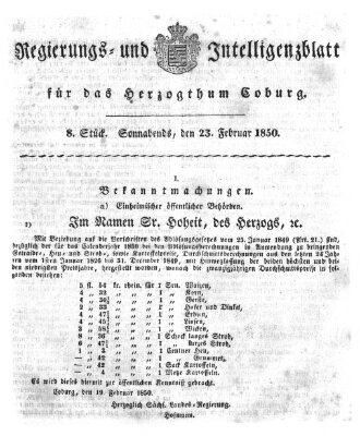 Regierungs- und Intelligenzblatt für das Herzogtum Coburg (Coburger Regierungs-Blatt) Samstag 23. Februar 1850