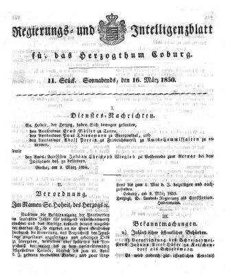 Regierungs- und Intelligenzblatt für das Herzogtum Coburg (Coburger Regierungs-Blatt) Samstag 16. März 1850