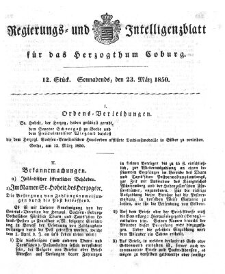 Regierungs- und Intelligenzblatt für das Herzogtum Coburg (Coburger Regierungs-Blatt) Samstag 23. März 1850