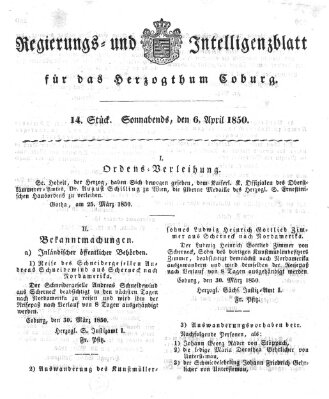 Regierungs- und Intelligenzblatt für das Herzogtum Coburg (Coburger Regierungs-Blatt) Samstag 6. April 1850