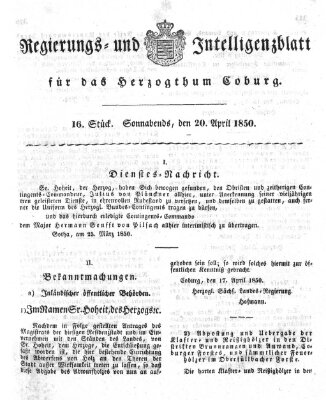 Regierungs- und Intelligenzblatt für das Herzogtum Coburg (Coburger Regierungs-Blatt) Samstag 20. April 1850