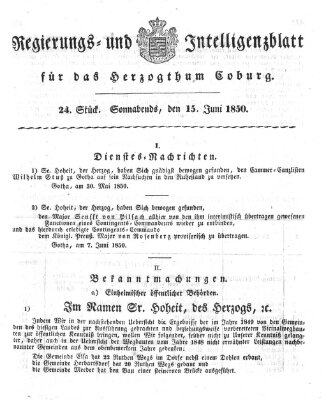 Regierungs- und Intelligenzblatt für das Herzogtum Coburg (Coburger Regierungs-Blatt) Samstag 15. Juni 1850